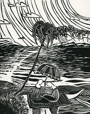 ROMANTIC Couple TROPICAL Beach VACATION Umbrella Picnic; ORIGINAL LINOCUT Signed