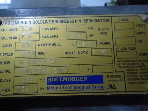 KOLLMORGEN BRUSHLESS SERVO MOTOR B-202-B-23 - Picture 2 of 2