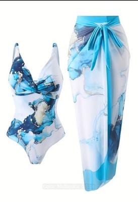 SEO Title: Women's One Piece Swimsuit with Sarong Wrap Blue Marble Print...