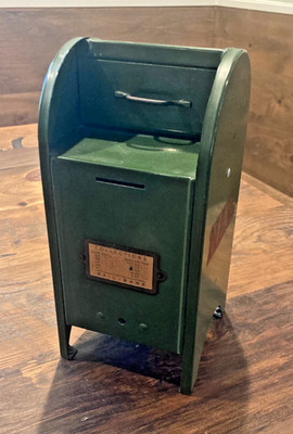 Vintage Green Metal Post Office Mail Box Bank 9  All-American Pat Pending