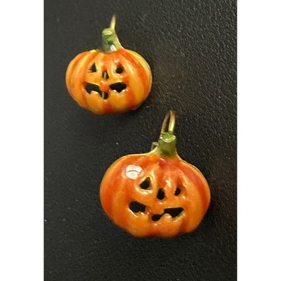 Jack O Lantern Pumpkin Earrings Orange Enamel Gold Tone Halloween Jewelry