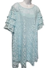 Lane Bryant Dress 18 Blue Lace Ruffle Sleeve Below Knee Pullover Sheath Floral