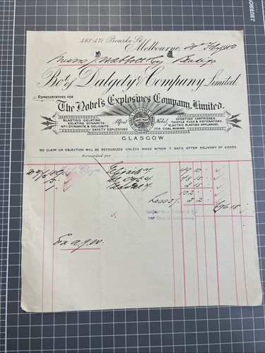 VINTAGE SOCUMENT CALGETY NOBEL EXPLOSIVES BOURKE ST MELBOURNE 1905 GOLD MINING