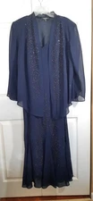Womens R&M Richards Beaded Georgette Jacket Dress Plus Size 18W Navy Tea-Length