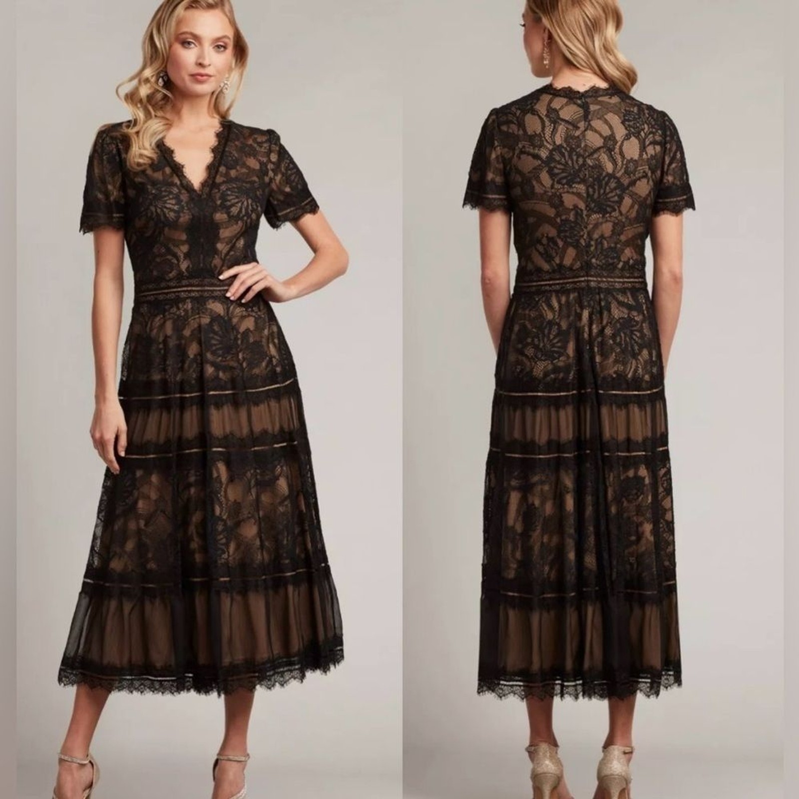NWOT Tadashi Shoji Lace & Mesh black & nude Midi Cocktail Dress sz 6