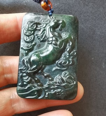 Fly horse good lucky Natural black green Jade stone pendant,amulet rope necklace