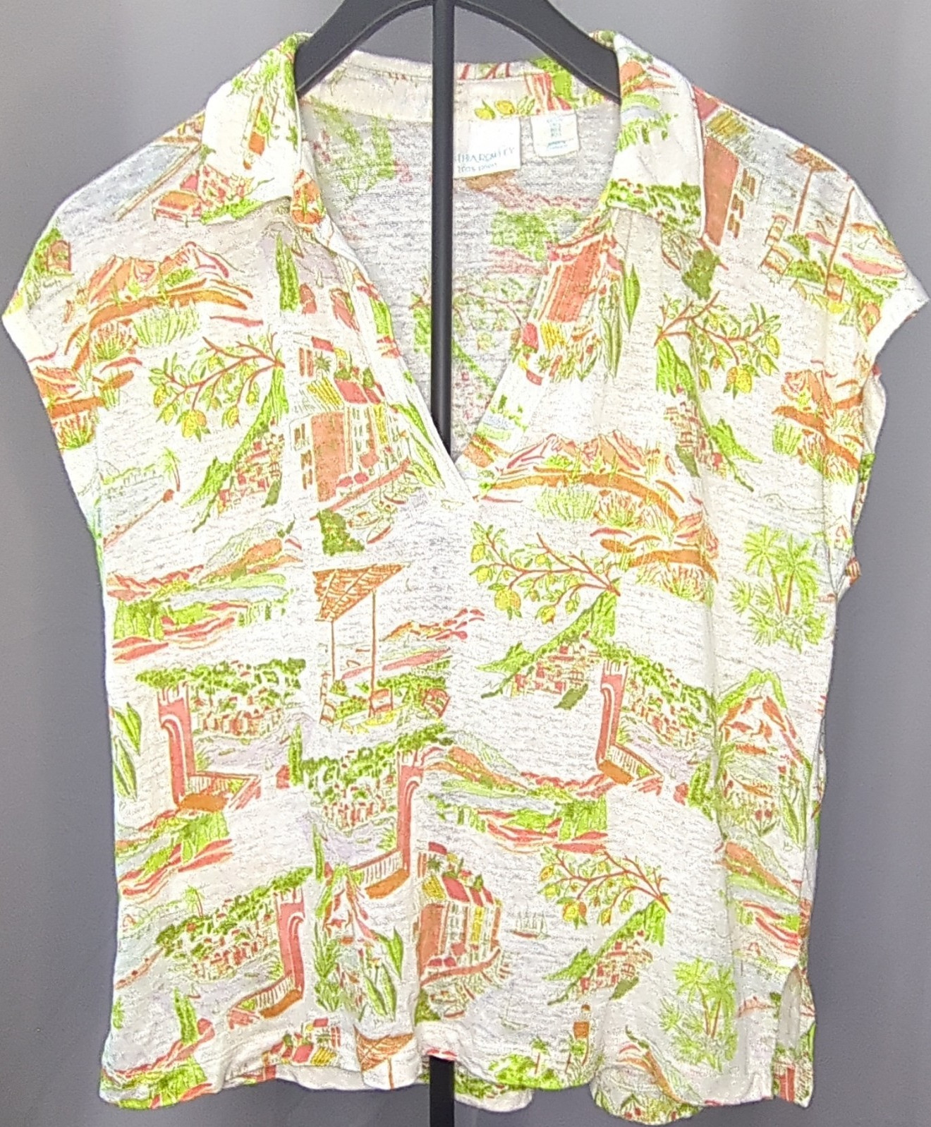 Cynthia Rowley 100% Linen Print Collared Cap Sleeve Blouse Size L