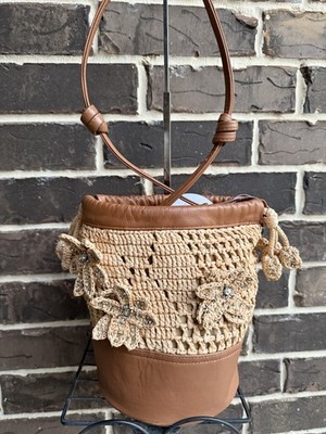 NWT$269 Btb Los Angeles Pernella Raffia Leather Drawstring Bag Natural BG-SP2508
