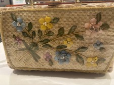 Vtg Wicker Box Purse Novelty Handbag Flowers Faux Tortoiseshell Handles 1960s