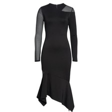 Alice + Olivia Kaine Mesh Insert Asymmetrical Hem Midi Dress Black Size 2