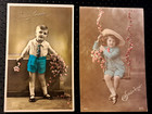 ANTIQUE Tinted Real Photo Postcard lot of 2 SWEET LITTLE BOYS w/pink flowers