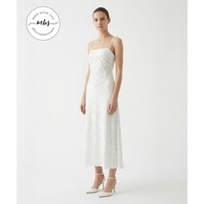 White Floral Burnout Satin Lace Up Back Slip Dress Coquette Midi Event Bridal S