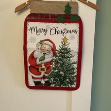 Light Up Santa Claus Christmas Wall Plaque Sign, Red White Green Fabric, Battery