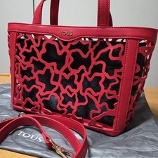 TOUS Kaos Shock M Tote Bag Red Cutwork Bear Motif w/ Strap Inner Bag Used A4