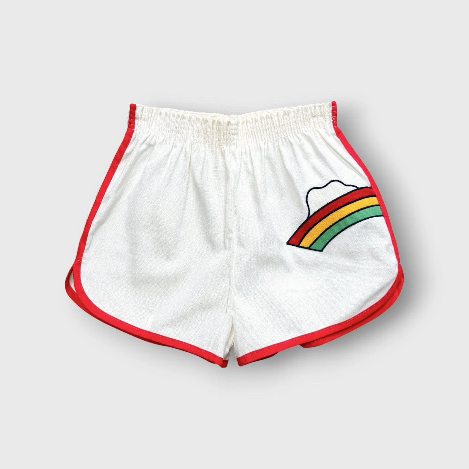 Vtg 80s Rainbow Cloud Running Shorts, Embroidered Stripe, adidas Cotton Pique S