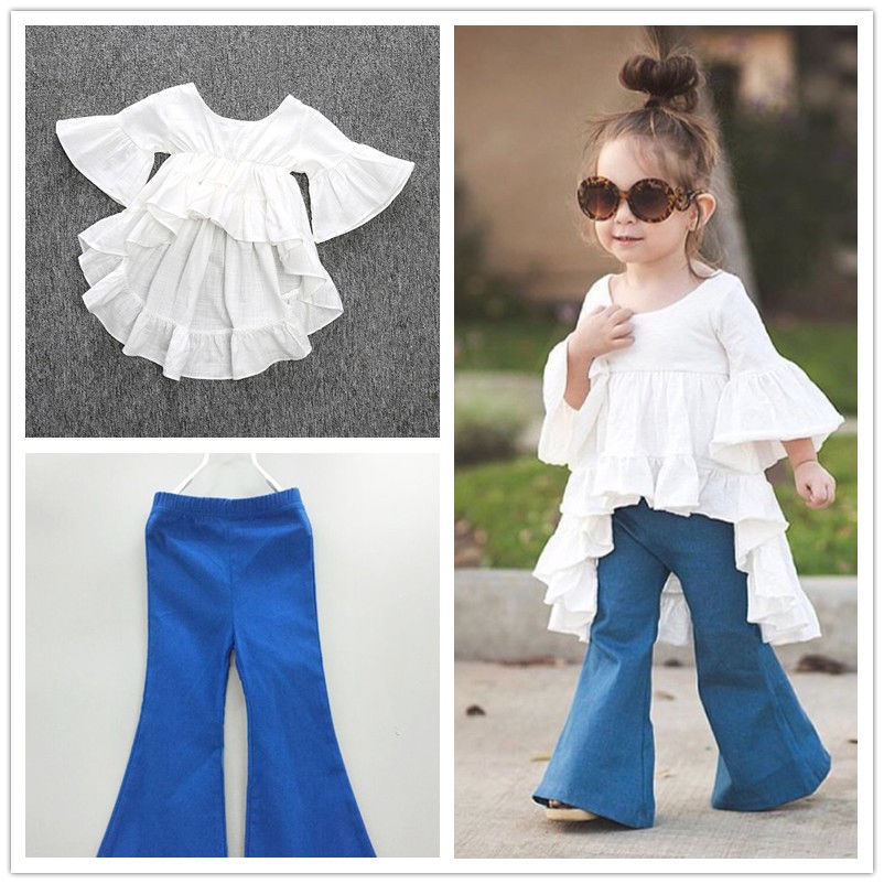 2Pcs//Set Toddler Baby Girls Clothes Sleeveless Romper//Long Sleeve Tops Flared Pants Bell-Bottoms Outfits