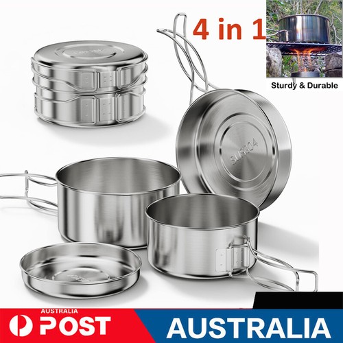 4PC Stainless Steel Camping Cookware Cooking Pot Set Hiking Picnic Pan Outdoor - Picture 2 of 12