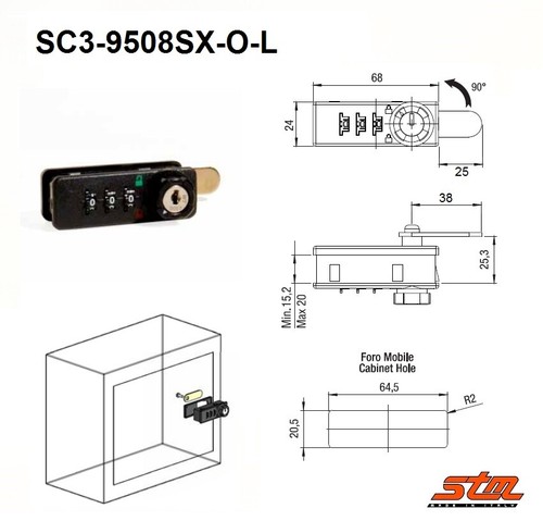 SERRATURA a 3 COMBINAZIONI SC3-9508 Leva CF 38 mm Rotazione 90° x Legno o Ferro - Foto 10 di 11