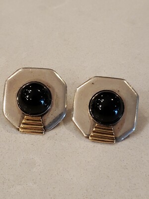 Leonore Doskow Sterling & 14k Mid Century Modern schwarzer Onyx Ohrringe 