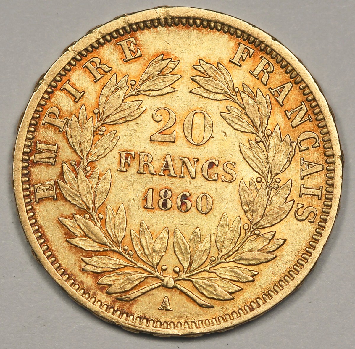 FRANCE 1860 A Napoléon III 20 FRANCS 6.45 Gram GOLD Coin XF 0.1867