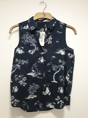 Mango Basics Blouse Size XS Navy Blue & White Tree & Heron Bird Print Top BNWT