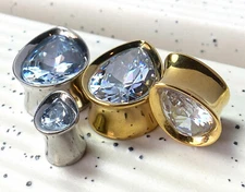 PAIR Teardrop CZ Gem Double Flare Plugs Tunnels Surgical Steel Tear Drop Gauges