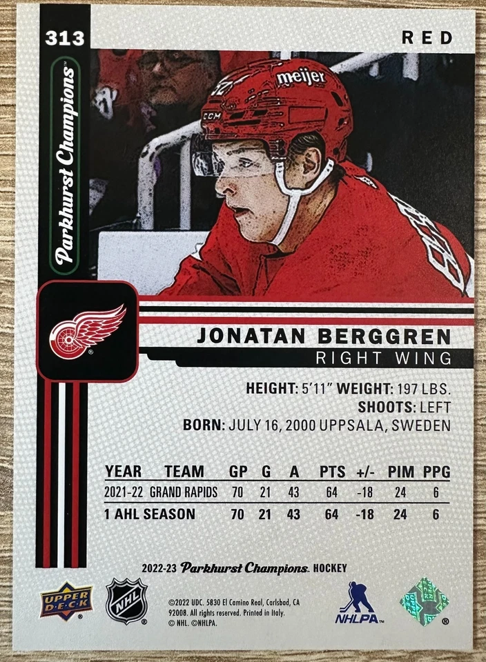 2022-23 PARKHURST CHAMPIONS HOCKEY JONATAN BERGGREN SP RC RED PARALLEL#37/51#313 - Image 2 of 2