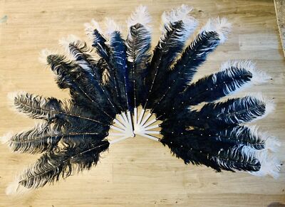 Schwarz Weiß Doppellagig Strass Straußenfeder Fächer Burlesque Kabarett