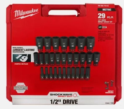 Milwaukee 49-66-7015 29 PC SHOCKWAVE 1/2'' Dr Metric Deep 6 Point Socket Set NEW
