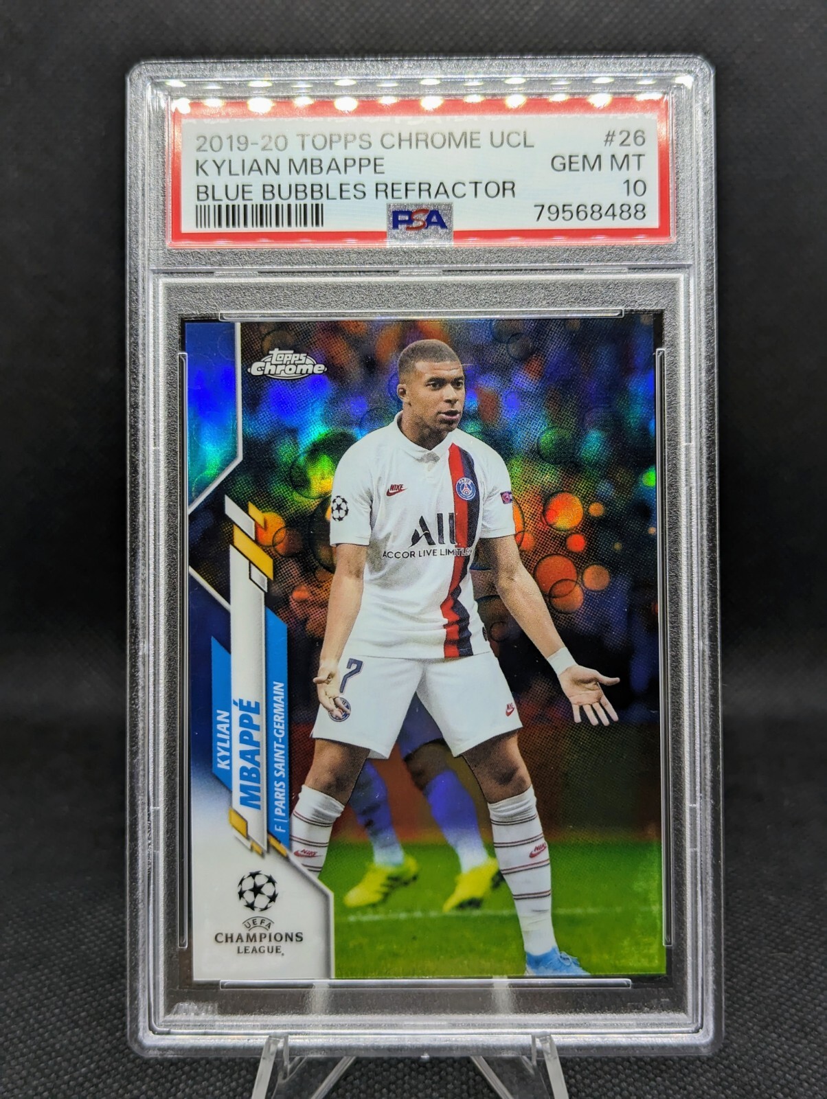 2019 TOPPS CHROME UEFA BLUE BUBBLES REFRACTOR Card #26 KYLIAN MBAPPE PSA 10