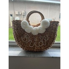Bride straw hand bag purse tan bridal shower top handle bag
