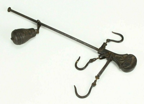 = Antique 1800's Cast Iron Hanging Balance Beam Scale 3 Hooks Orig. Counterweigh - Picture 7 of 11