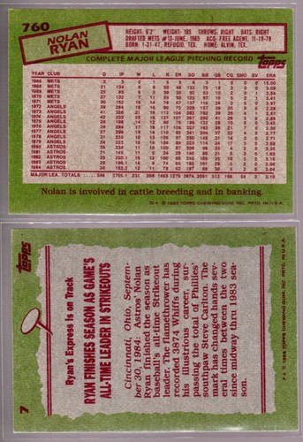 Nolan Ryan Houston Astros 1985 Topps Baseball Card #760 Base & #7 Record Breaker - 第 2/2 張圖片
