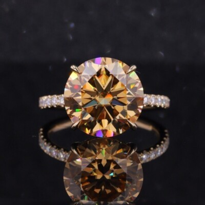 4.55 Ct Certified Round Champagne Diamond Ring Yellow Gold Finish Great Shine
