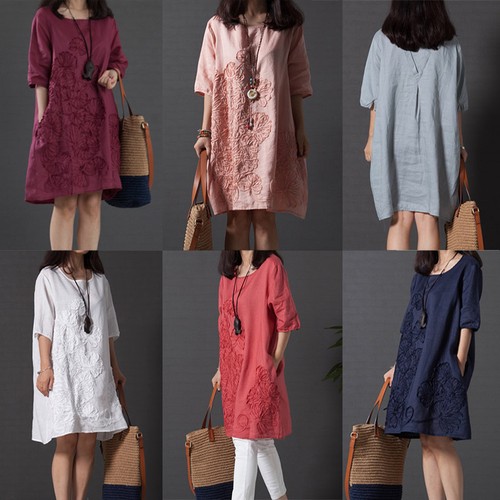 Robe Chemise Femme En Lin - Imprimé Floral Multicolore, Manches 3/4, Coupe Bouffante - Taille Petit