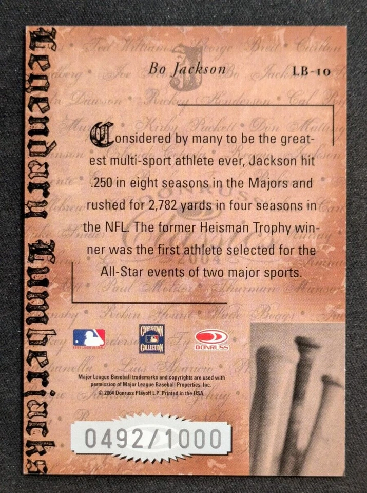 2004 Donruss Classics - Legendary Lumberjacks #LB-10 Bo Jackson /1000 - Image 2 of 2