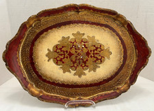 Florentine TOLE TRAY Tab Handles Gilt & Painted Wood 17x12" Italy Cream/Wine/Gld