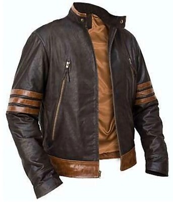 Men's Wolverine Jacket X-Men Origins Brown Bomber Biker Real Leather Coat