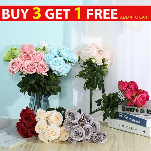 10 Heads Silk Rose Artificial Flowers Bouquet Wedding Garden Home Party ...