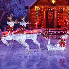 AplusChoice 3-Piece Lighted Set of 2 Reindeer & Sleigh for Outdoor Indoor Decor