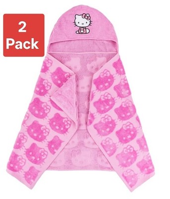 New!! 2-Pack Hello Kitty Kids Girls Character Hooded Towel 100% cotton 50'' x 27''