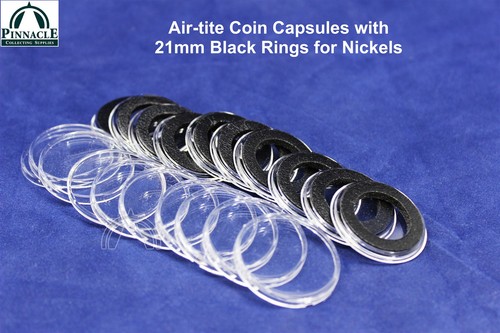 10 Airtite Coin Capsule Holders & 21mm Black Rings for US Nickels Air Tight - Picture 2 of 8