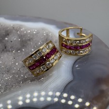 14K Yellow Gold CZ Ruby-Style Hoop Earrings
