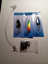 3 cucharas de fundición de señuelos de pesca con paquete de 12 unidades de pivotes de barril y 2 líderes