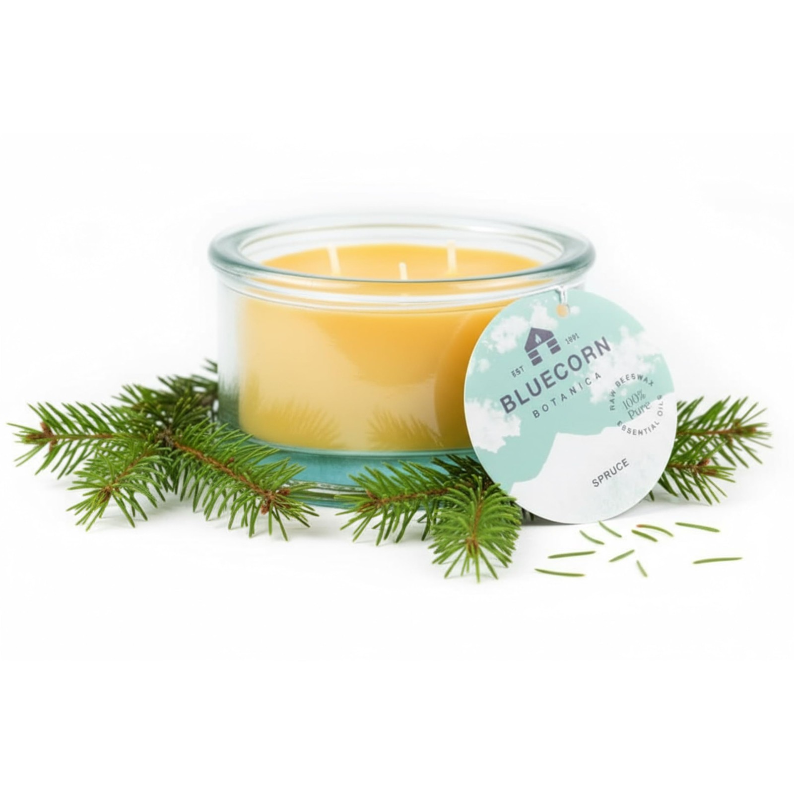Bluecorn Beeswax 3-Wick Candle Spruce Scent Pure Essential O