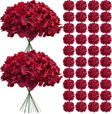65Pcs Deep Red Hydrangea Artificial Flowers Bulk，Realistic Silk Fake Flowers wit