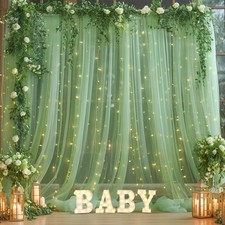 10 10ft Green Tulle Backdrop Curtain with Lights String for Parties, Sheer Ph...