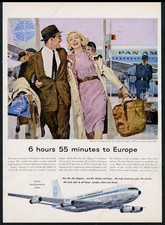 1959 Pan Am airlines romantic art plane to Europe lilac sky vintage print ad
