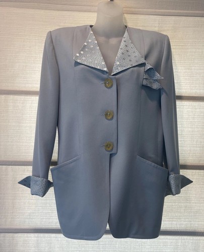 Nina Ricci Powder Blue Wool Gaberdine Skirt Suit~Silk Polka Dot Accents~FR42~EVC - Picture 8 of 19