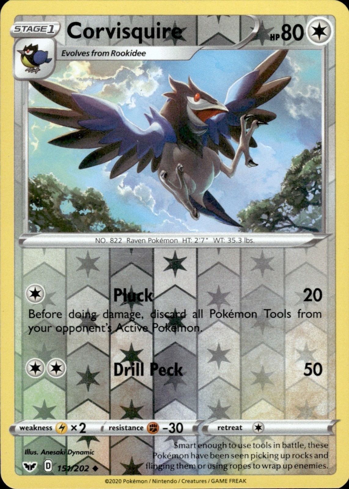Corvisquire Reverse Holo Uncommon SWSH01: Sword & Shield Base Set 151/202 MP